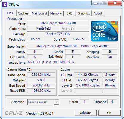 Вкладка CPU в программе CPU-Z Скриншот CPU-Z