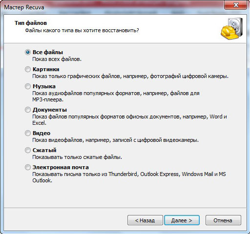 Recuva data type selection