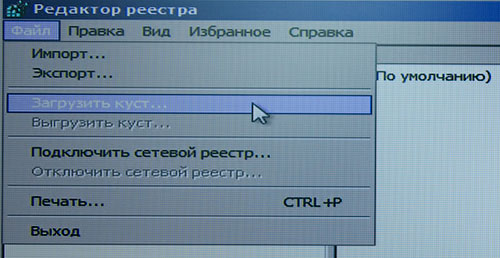 Пункт меню "Загрузить куст" Меню Файл редактора реестра