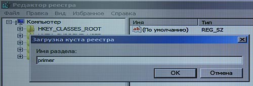 Ввести произвольное имя для загружаемого куста реестра Окно ввода имени куста реестра