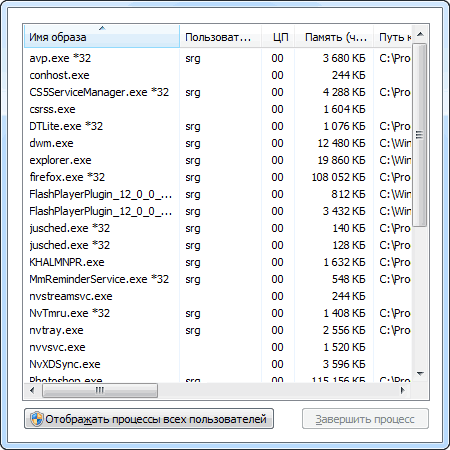 Облегченный вид диспетчера задач Windows
